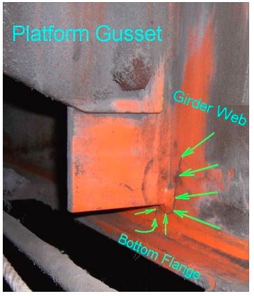 Figure 7‐4The girder web is cracked at the toe of the fillet weld for platform connection bar.