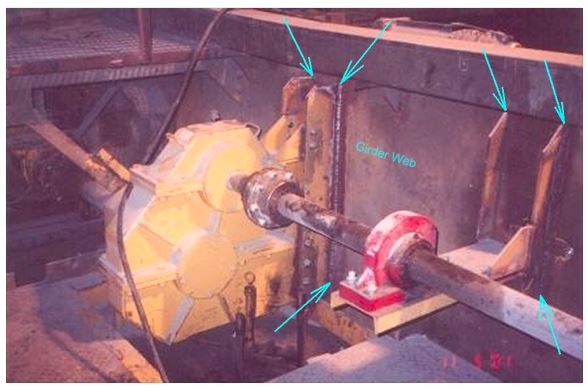 Figure 7‐2Bridge machinery supports. Check girder web and welds for vertical bars to web.
